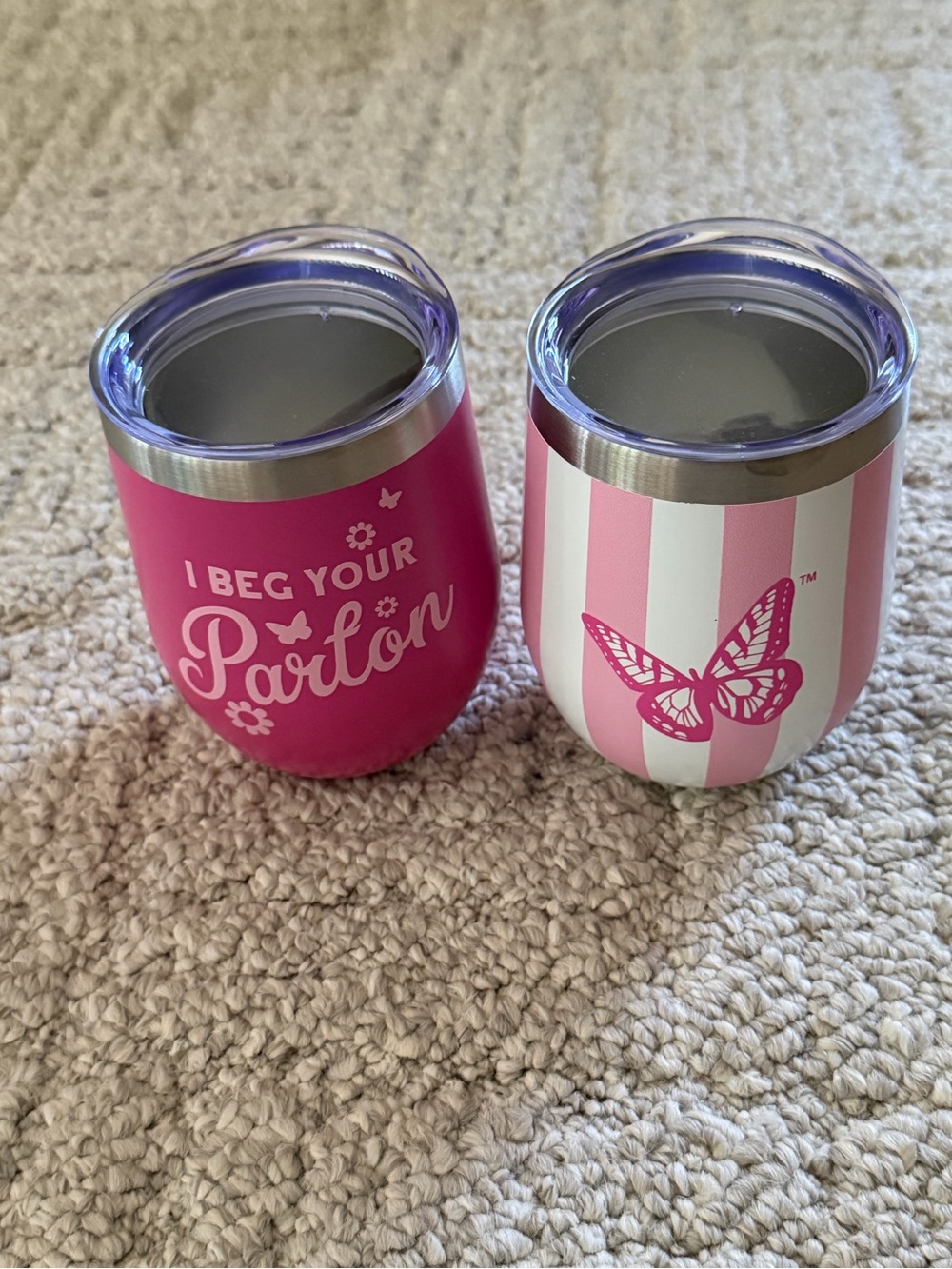 2 New - Dolly Parton Metal Wine Tumblers- pink 12 oz. - I Beg Your Parton